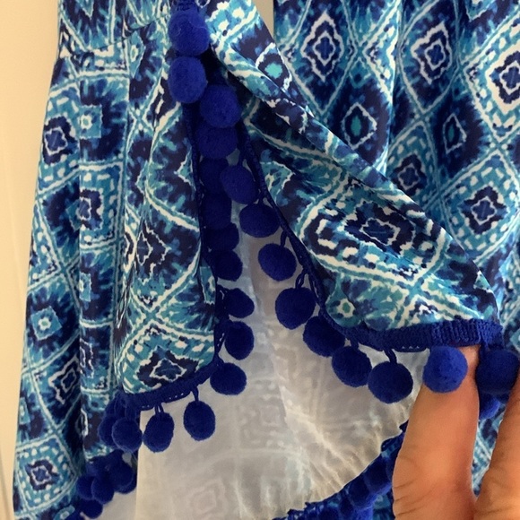 Coastal Mini Pom Pom Dress with Bell Sleeves Blue Sz M - Picture 3 of 6